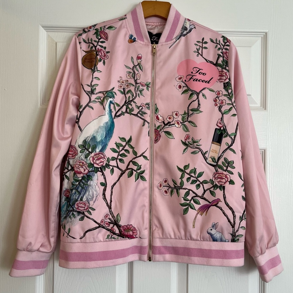 Too Faced Pink Floral Satin Bomber Jacket - Rare Collector’s Item in Size Small